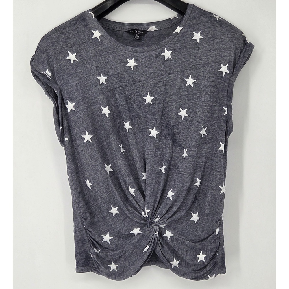 Lucky Brand Star Burnout T Shirt Small Blue Gray Knot Wrap Front Short Sleeve
